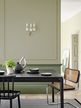 Upper Wall: Book Room Green, Lower Wall: Sage Green, Right Wall: Green Stone – Pale, Door, Dado & Skirting: Sage Green