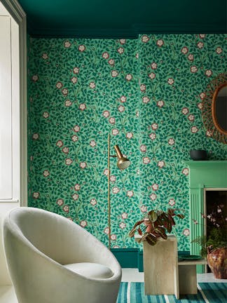 Briar Rose – Green Verditer, Ceiling: Mid Azure Green, Fireplace: Green Verditer, Window Frame: Whitening, Skirting: Mid Azure Green 