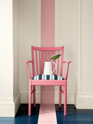 Wall & Skirting: Hollyhock, Highlight Stripe: Hellebore, Chair: Carmine, Floor: Royal Navy